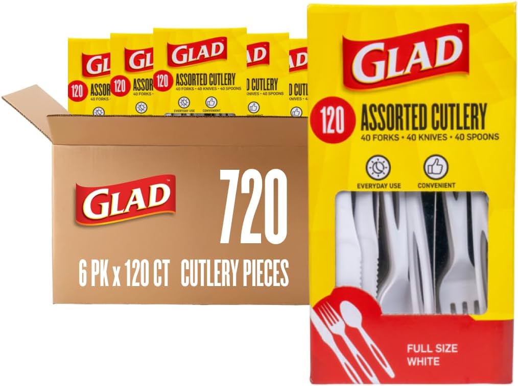 Glad White Disposable Cutlery Set with Heavy Duty Plastic Forks, Knives, and Spoons, Reusable Dishwasher Safe Plastic Utensils for Parties and Everyday Use, 120 Count