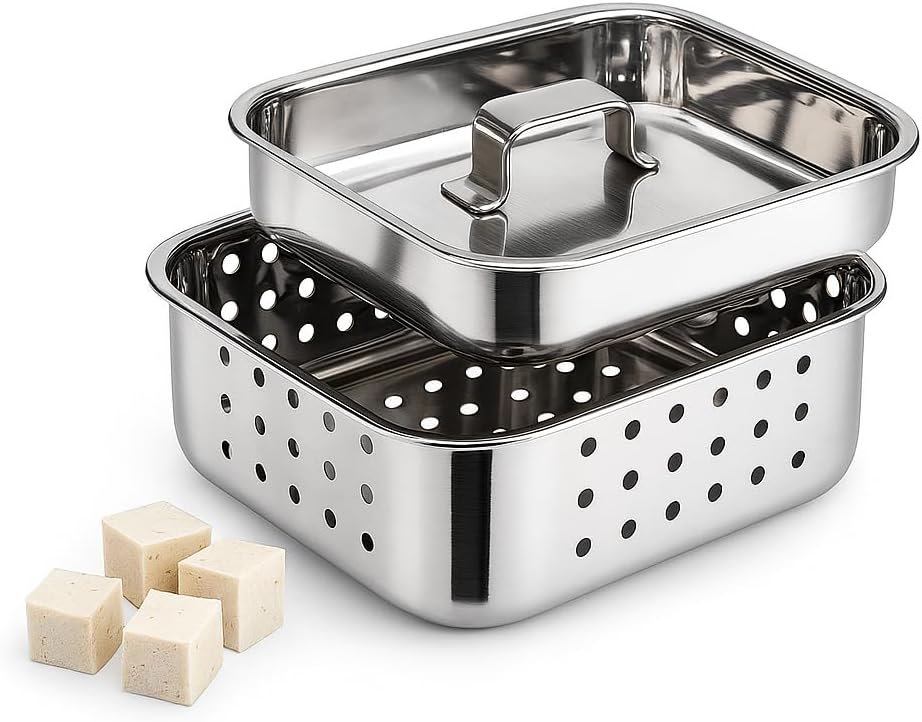 Stainless Steel Paneer Maker Press with Lid | Tofu Press & Cheese Mould | Whey Separator, Square Design, 550 ml Capacity