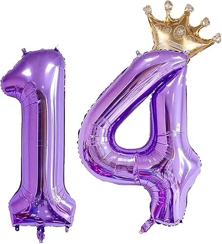 Miniatura 1 de Globo morado del número 14 de 32 pulgadas, globos de aluminio jumbo con corona desmontable para decoración de fiesta de cumpleaños 38, 14