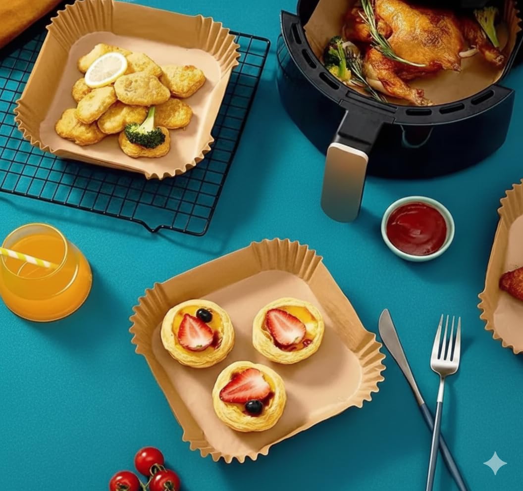 50 Adet Airfryer Pişirme Kağıdı - Kare Tek Kullanımlık Yanmaz Yapışmaz Kağıt - 16 cm Hava Fritözü Kağıdı - Yağ Geçirmez Gıda Sınıfı Fırın ve Airfryer Aksesuarları