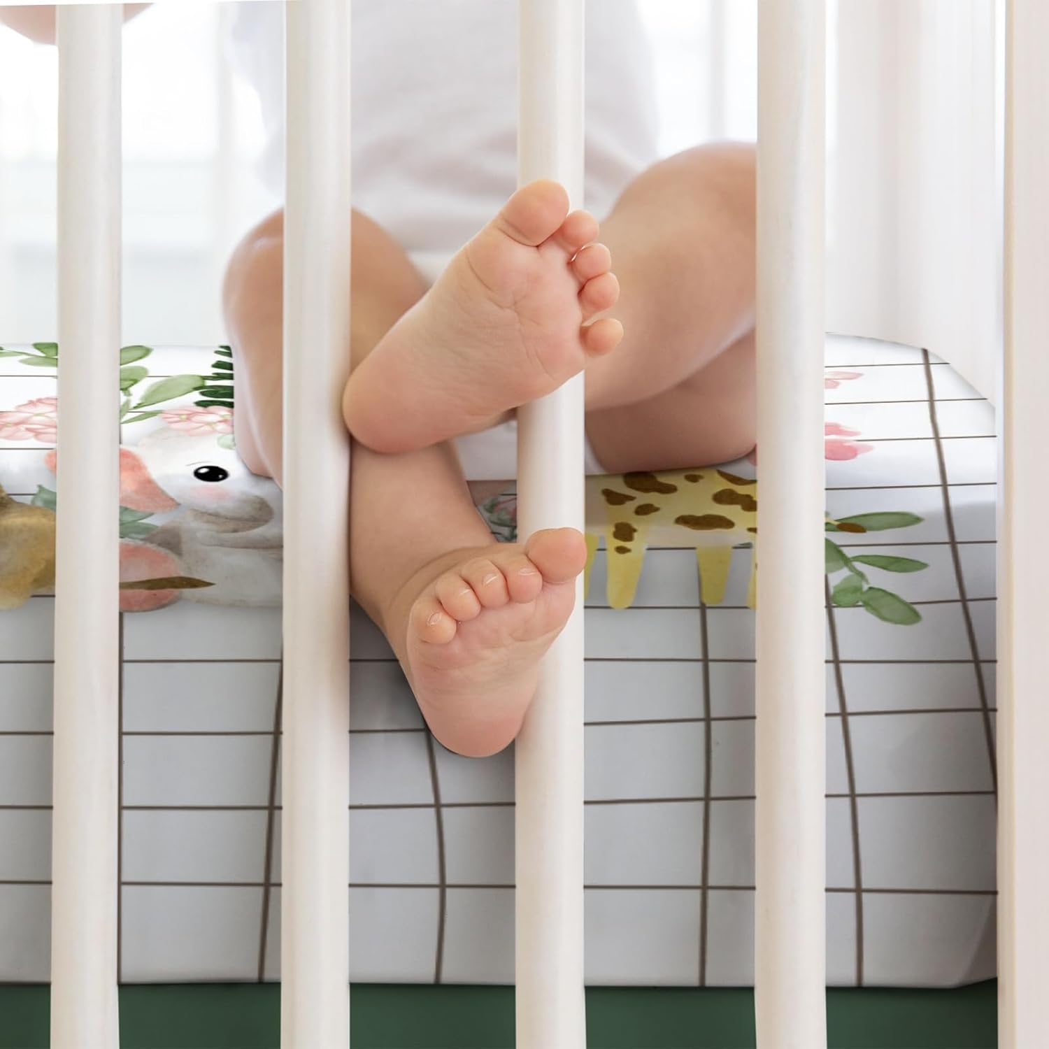 Baby African Safari Animals Crib Sheets 52''x28'' Lion Elephant Giraffe Hippo Zebra Floral Leaves Snug Fitted Crib Mattress Cover for Boy Girl Soft Baby Sheets for Standard Crib and Toddler Mattress