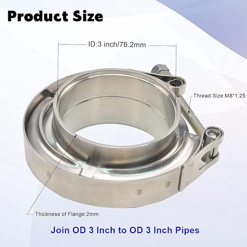 Miniatura 2 de Abrazadera de banda V de escape inoxidable de 3 pulgadas con bridas macho hembra de acero inoxidable T304