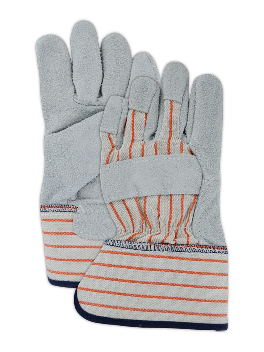 MAGID DuraMaster TB725E Gunn-Cut Leather Palm Glove with Safety Cuff, 12 Pairs, Blue & Grey