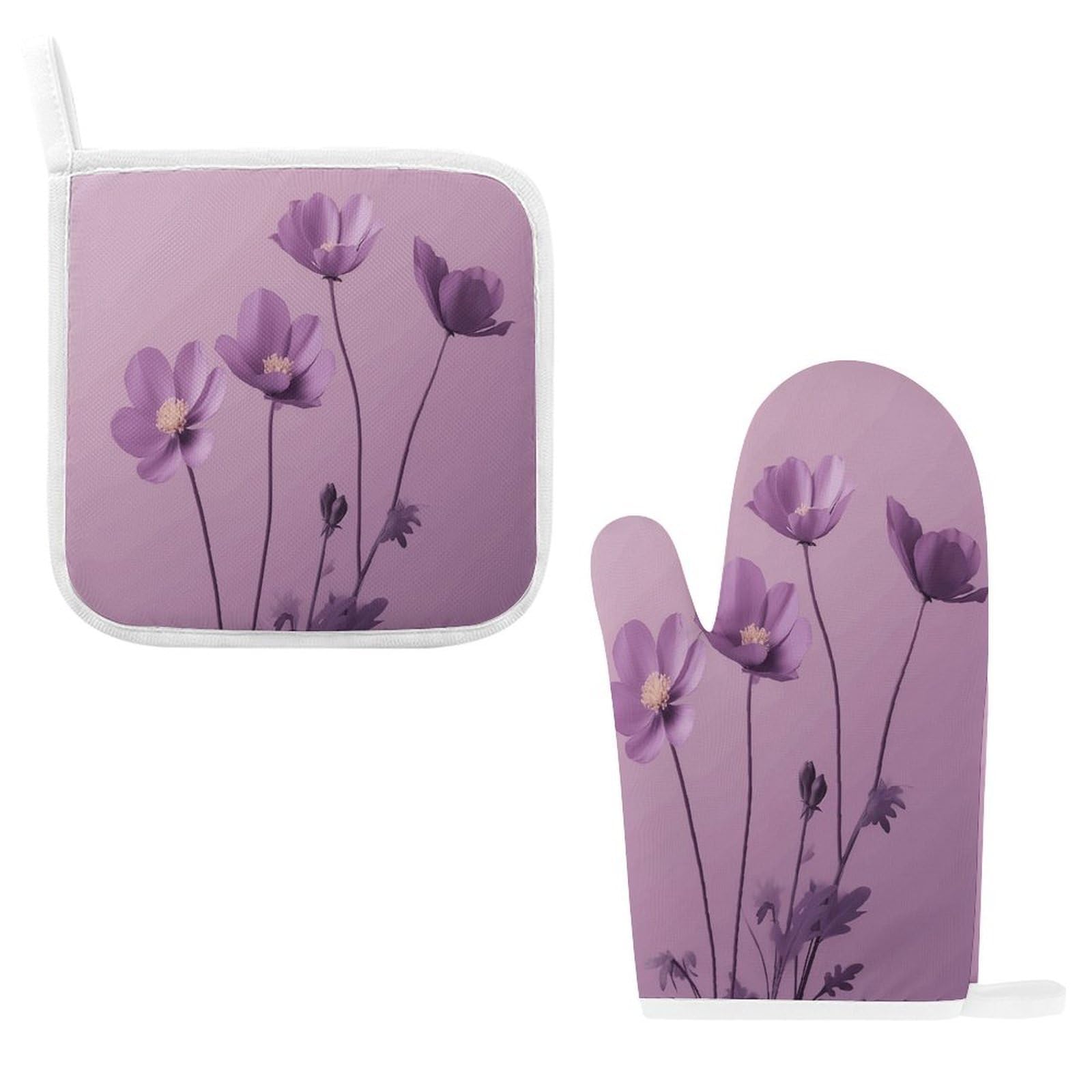 Fodpand Style Flowers On Purple Background Oven Mitts And Pot Holders Sets