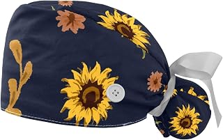 Flower Pattern Adjustable Working Cap with Ponytail Holder, 2 Packs Scrub Cap Bouffant Hat for Men & Women, One Size