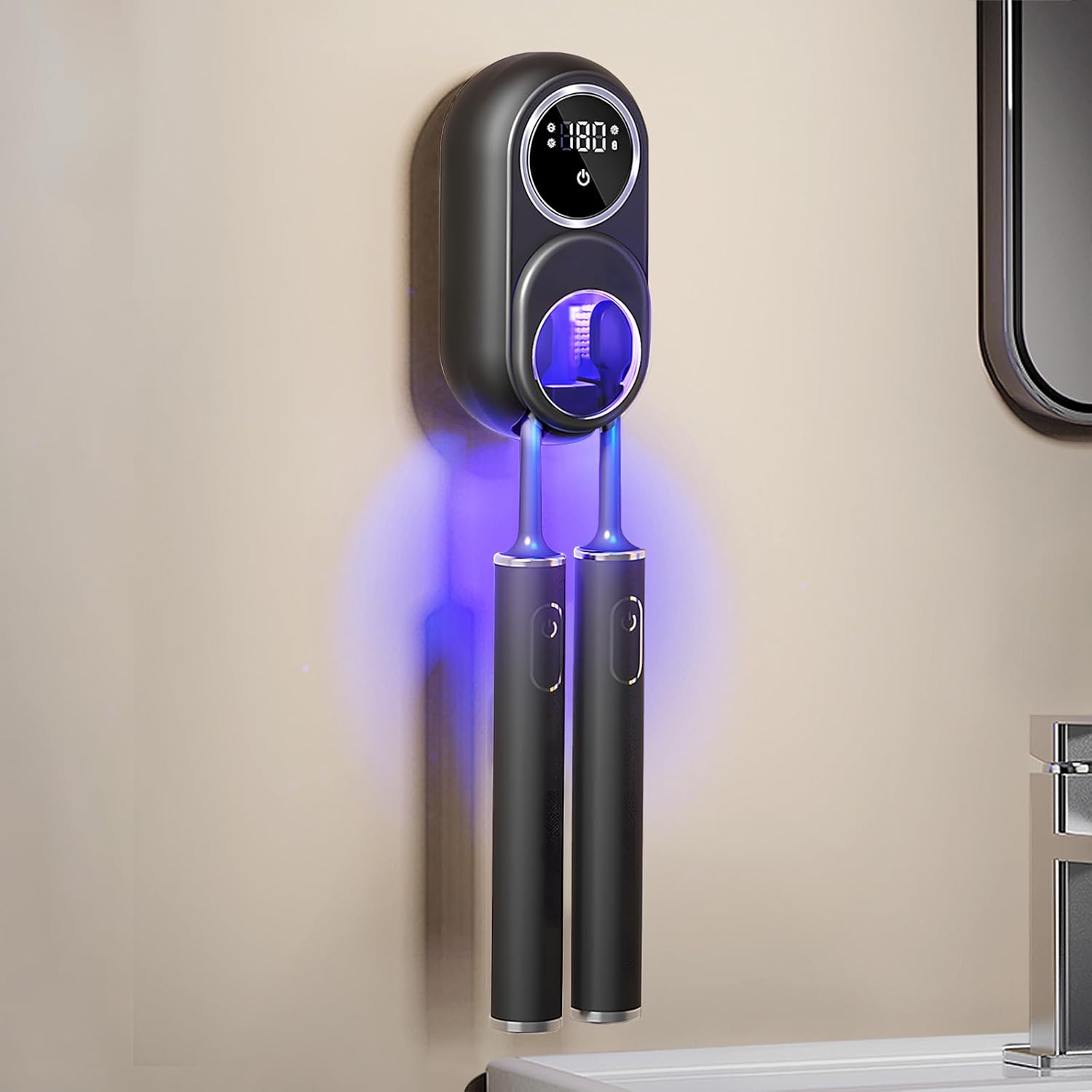 Wall Mounted Toothbrush Holder, Toothbrush Covers with 2 Toothbrush Slots, Portable Cleaning Box for Electric and Manual Toothbrushes, Inductance Cleaner Case Without Drilling (Black)