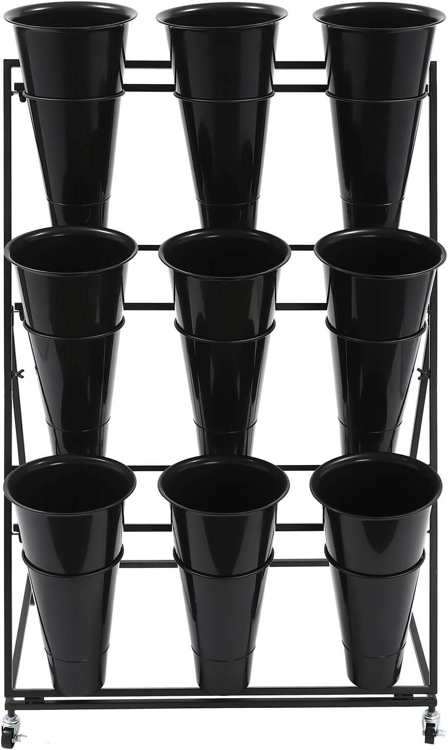 Front view of the LOYALHEARTDY 3-tier flower display stand with nine black buckets, ready for use.