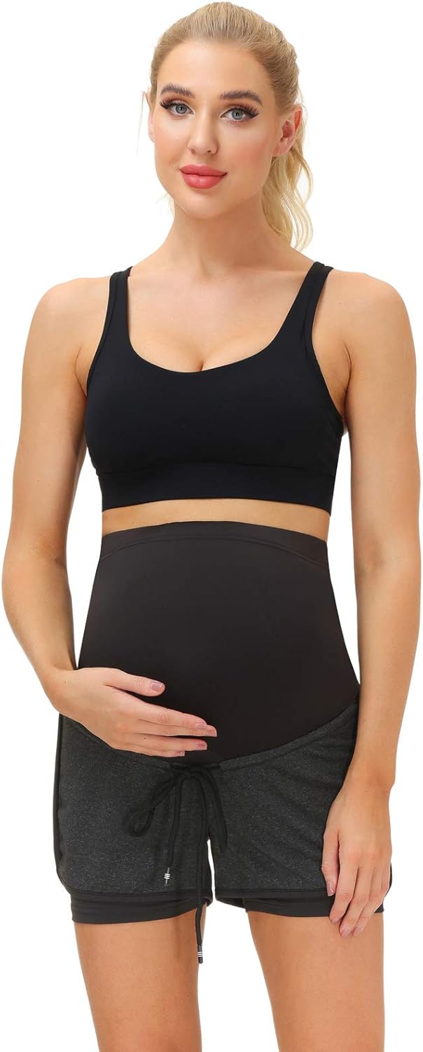 Maacie Maternity Shorts Full Panel Workout Shorts Double Layer Drawstring Waist at  Women’s Clothing store