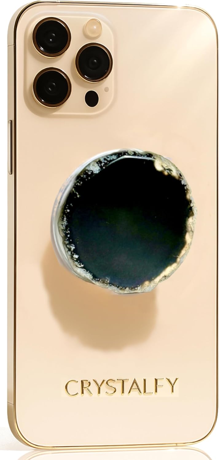 Grips by CRYSTALFY Black Brown Agate Round Shape Magnetic Crystal Phone Grip Holder & Expanding Kickstand-Natural Gemstone Swappable Top Accessory for iPhone, iPad, Kindle & Mobile Devices
