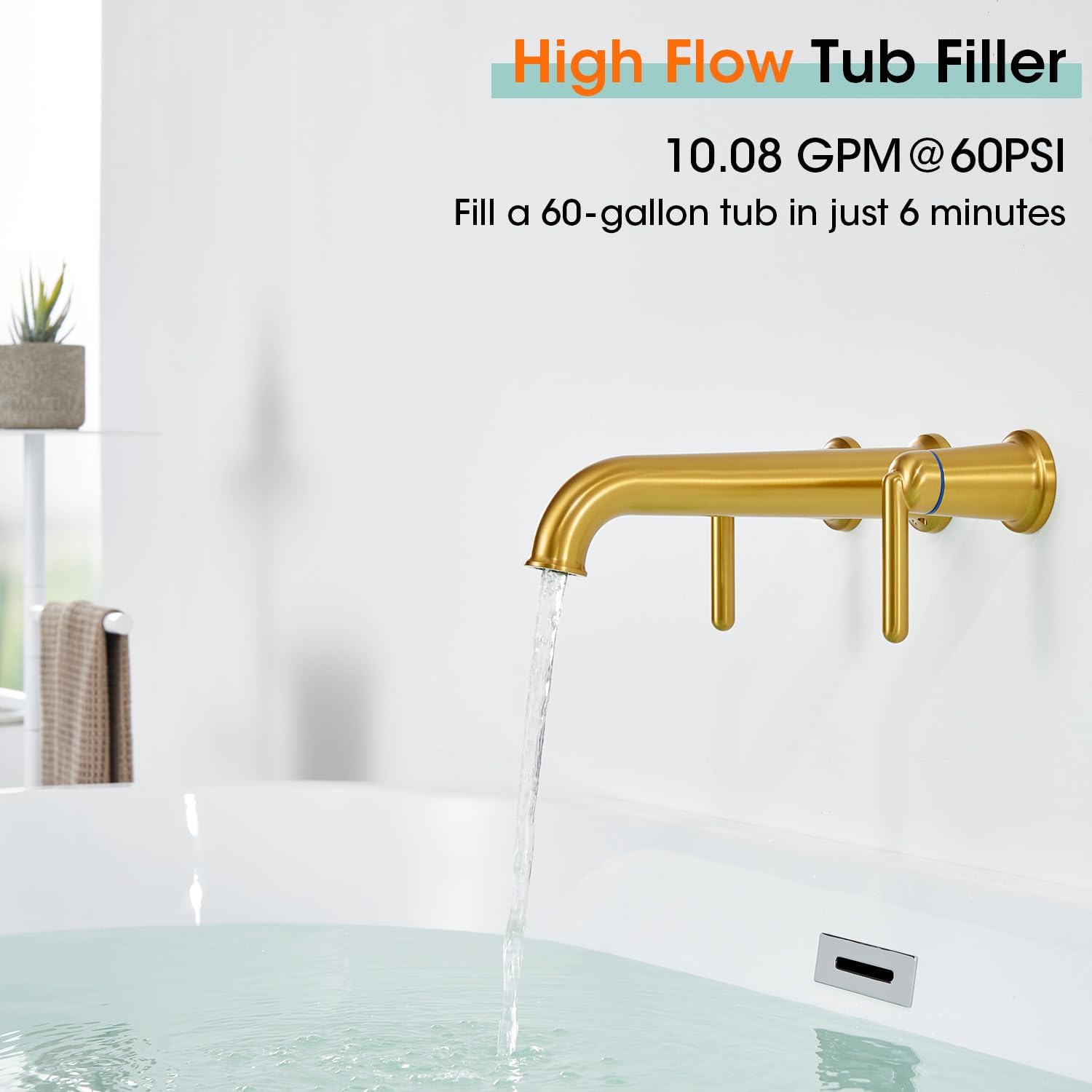 Wall Mount Tub Filler Long Spout Reach Faucet with Rough-in Valve High Flow 2-Handle Brass Roman Bath Faucet Set Brushed Gold (WT-9806BG)