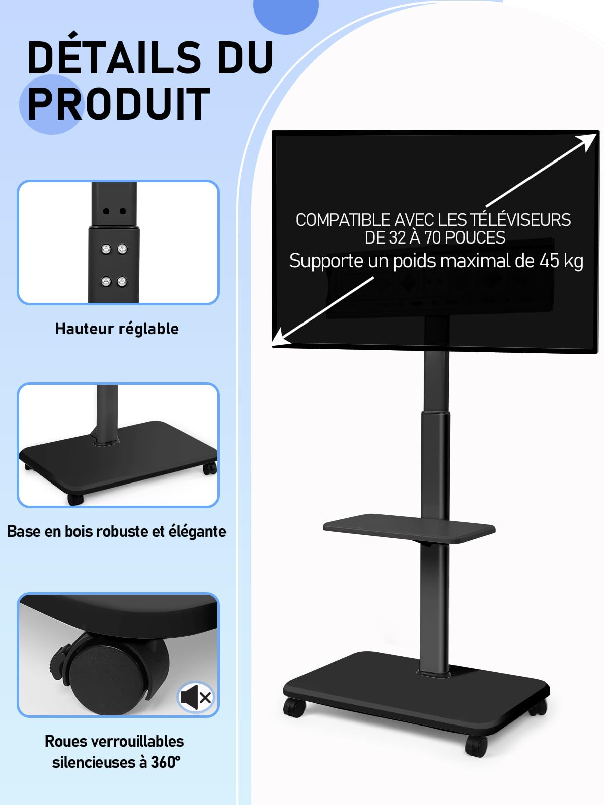 Support TV roulant, chariot TV mobile pour écrans plats/incurvés LED/LCD/OLED de 32 à 70 pouces - Support TV portable réglable en hauteur sur roulettes jusqu'à 45 kg au sol, chariot TV pour chambre à