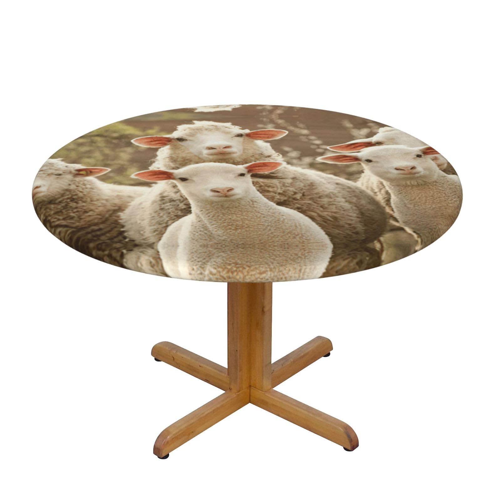 DUWAA Sheep And Lambs Print Oxford Fitted Table Cover For Patio Picnic, Waterproof Round Tablecloth For Home And Outdoor