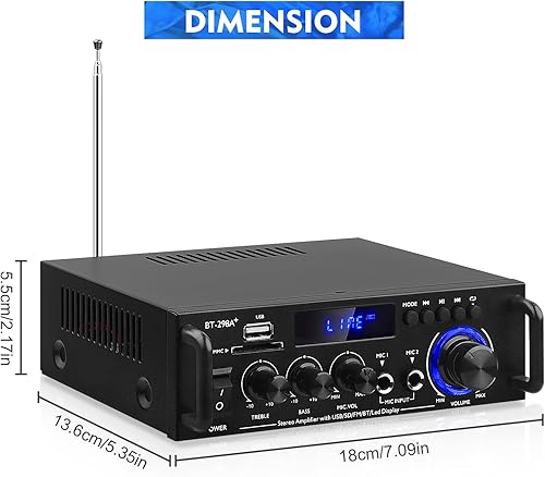 Miniatura 7 de AEXCVG Amplificador de audio estéreo para el hogar BT-298A+ HiFi Bluetooth receptor estéreo 40Wx2 Mini amplificador de cine en casa con entrada MIC,