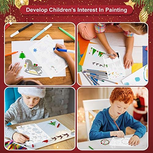 EMAGEREN 12 Pcs Christmas Stencils Template Reusable Plastic Craft Drawing Painting Template Snow Stencils Template Xmas Stencils Bullet Journal Templates for Wall Art Wood Greeting Card DIY Projects