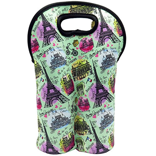 2-Bottle Wine Tote Carrier Bag/Purse For Champagne, Wine, Water Bottles (2-Bottle Paris)