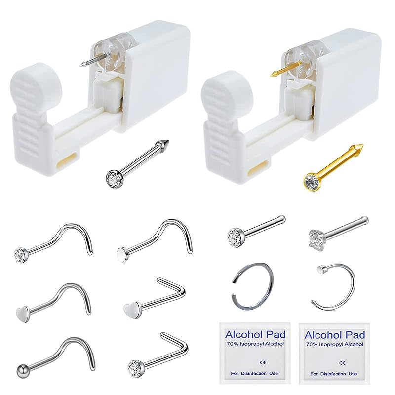 Kit para piercing nasal SCUMSXSM com 2 pistolas descartáveis, 2 pinos e 10 argolas