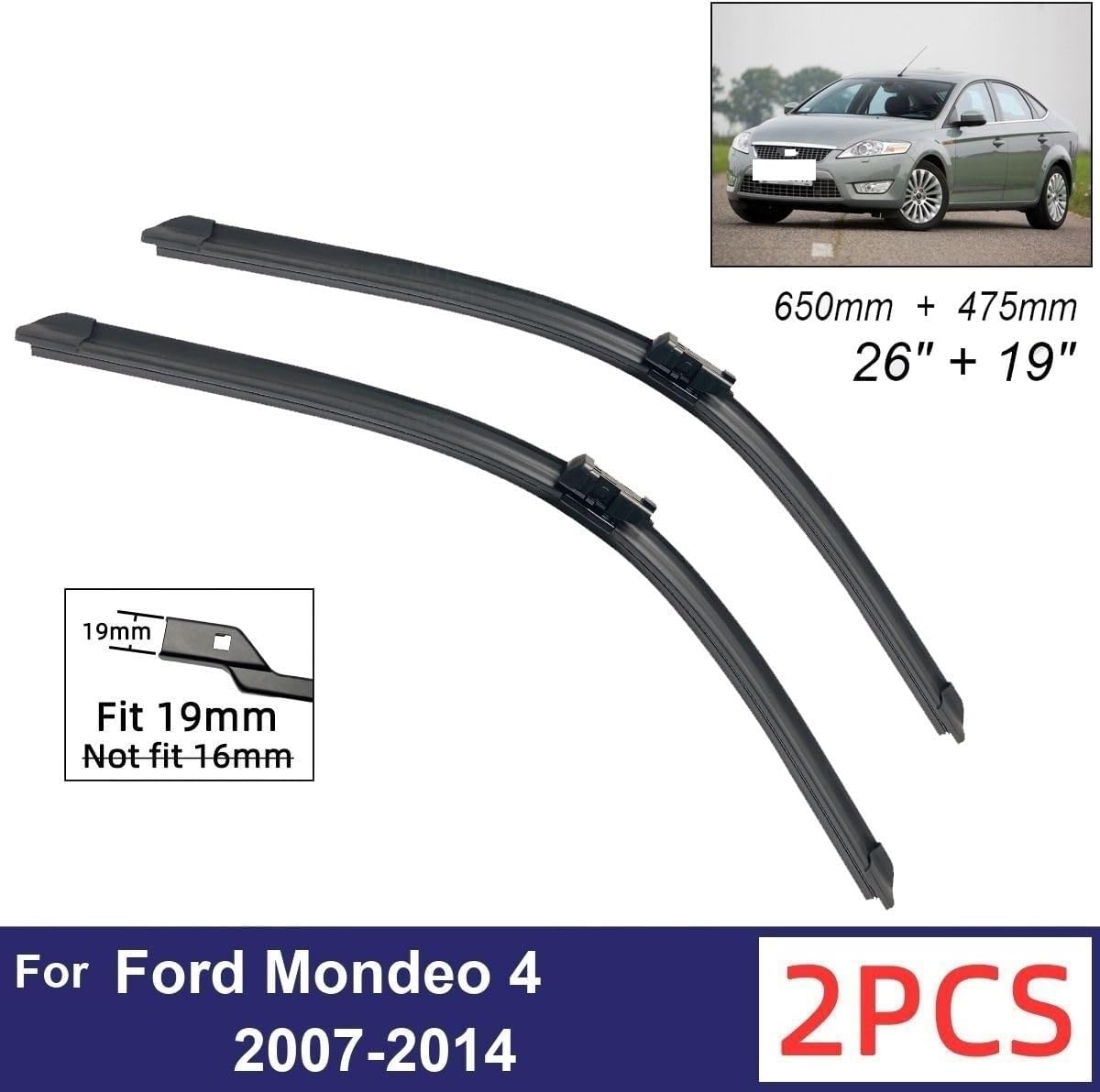 Car Wiper Compatible with Ford Mondeo 4 2007-2014 Front Wiper Blades Soft Rubber Windscreen Wipers Auto Windshield 26" 19" 650mm 475mm (Color : 4 PCS)