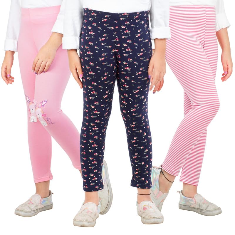 Image of Real Basics Girls Cotton Printed Non-Transparent Regular Fit Ankle Length Leggings (3 Leggings Set)