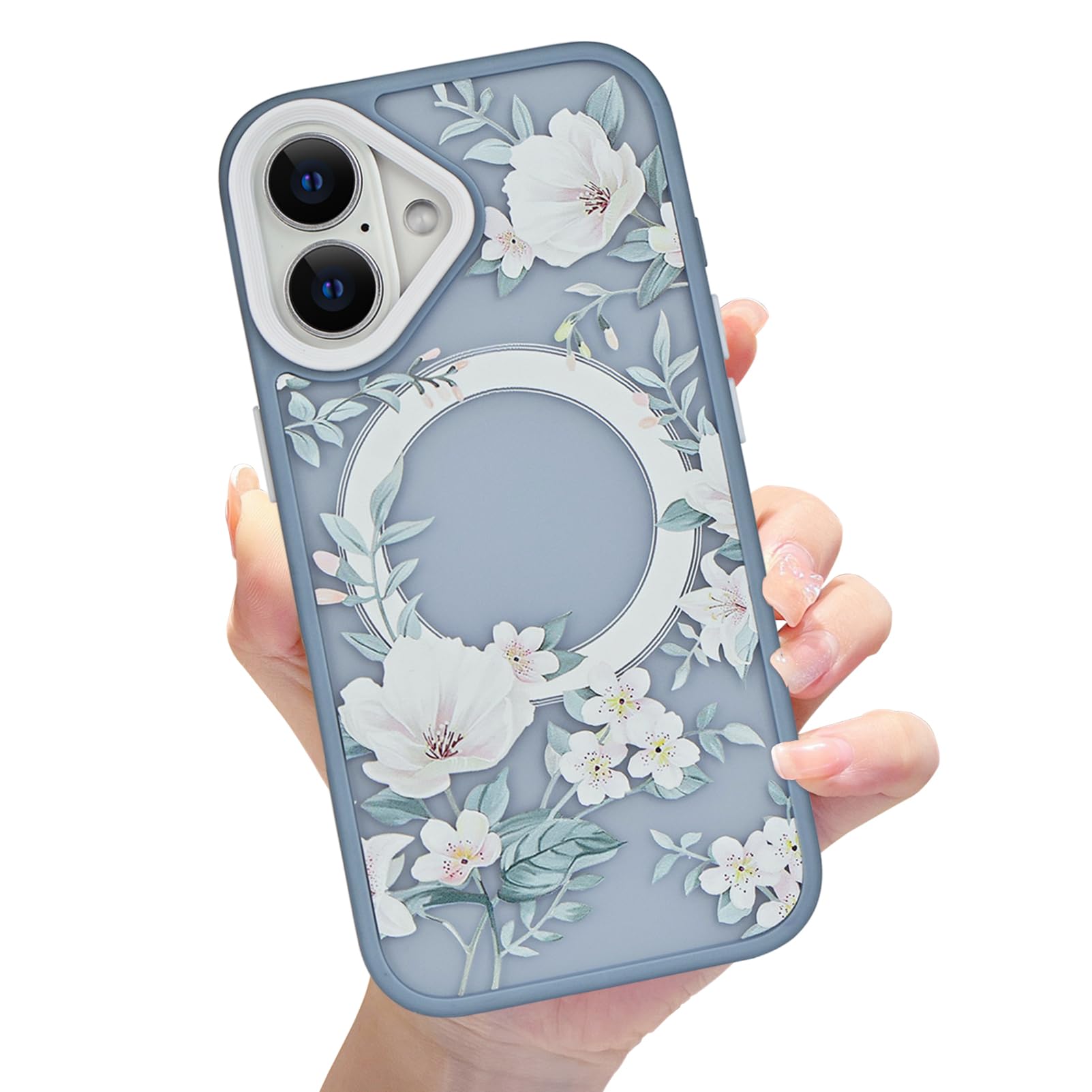 Eiyikof Compatible iPhone 16 Plus Magnetic Matte Translucent Case, Luxury Shockproof MagSafe Case, Cute Flower Pattern Hard Back Cover for Women Girls - White Floral