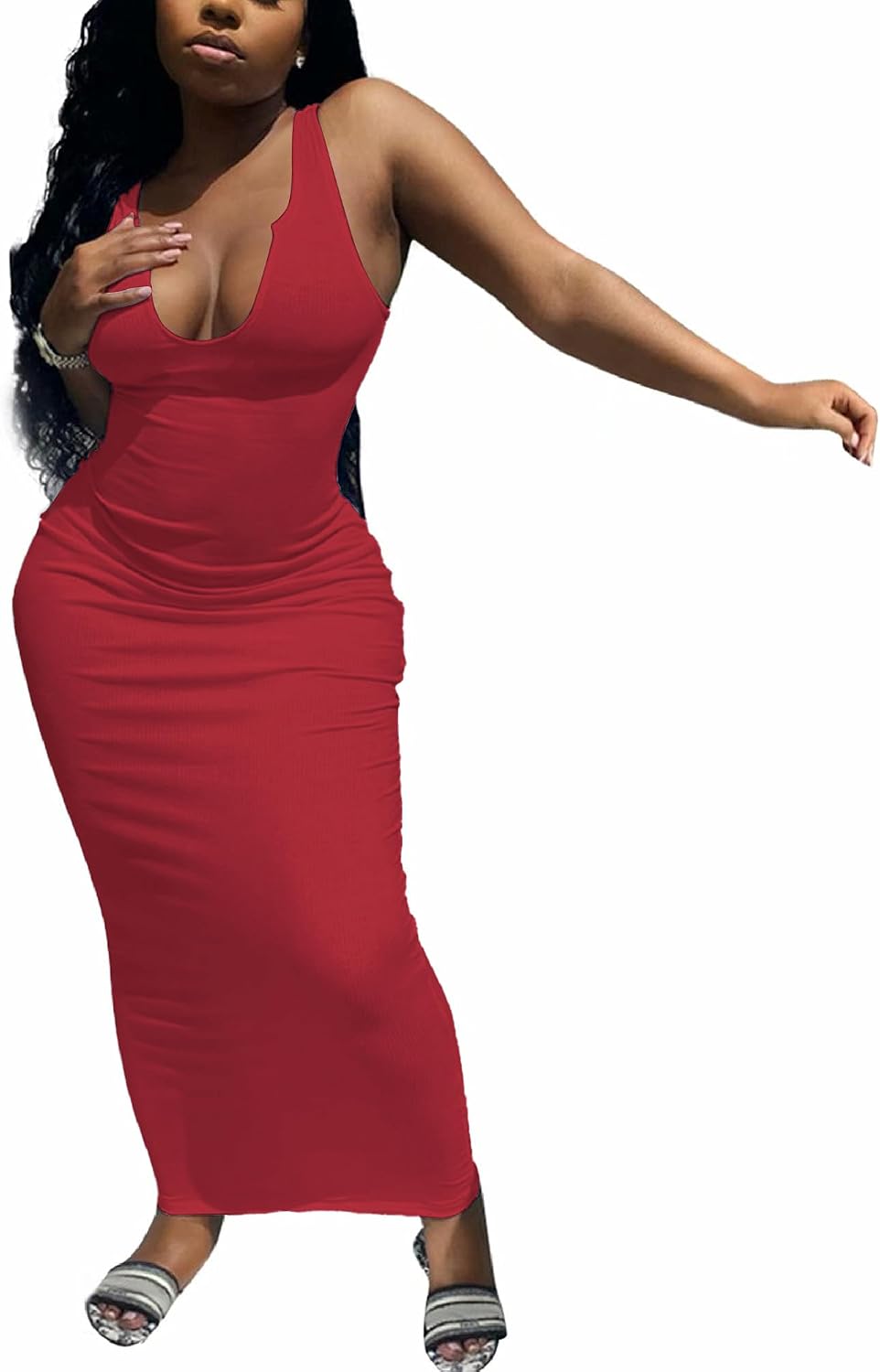 Nimsruc Women Casual Sexy Deep U Neck Tank Top Bodycon Dress Summer Sleeveless Wrap Long Basic Party Club Maxi Dresses