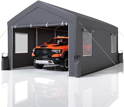 10x20 ft Heavy Duty Carport, Portable Garage Car Canopy with 0.8mm Steel Frame, 180G PE Waterproof Top and Side Tarps, All-Weather Vehicle Shelter for Car Truck Boat SUV, Grey