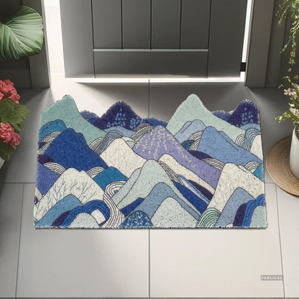 Blue Mountain Entrance Door Mat, Japanese Style Anti Skid Doormat, PVC Coil Door Mats for Home, Washable Entryway Doormat