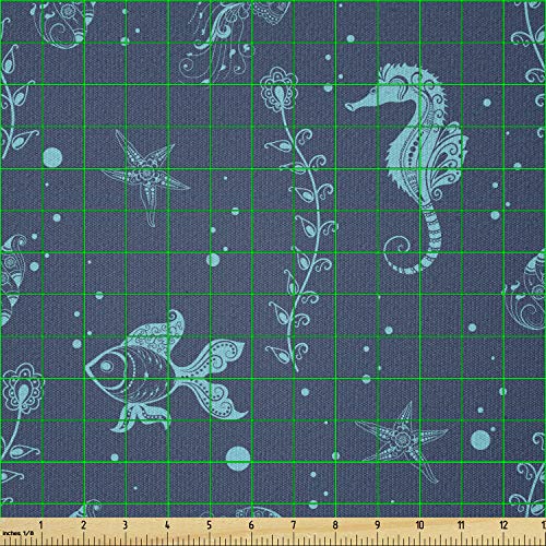Image of Ambesonne Underwater Fabric by The Yard, Hand-Drawn Ocean Creature Goldfish Seahorse, Stretch Knit Fabric for Clothing Sewing and Arts Crafts, 3 Yards, Azure Blue Night Blue