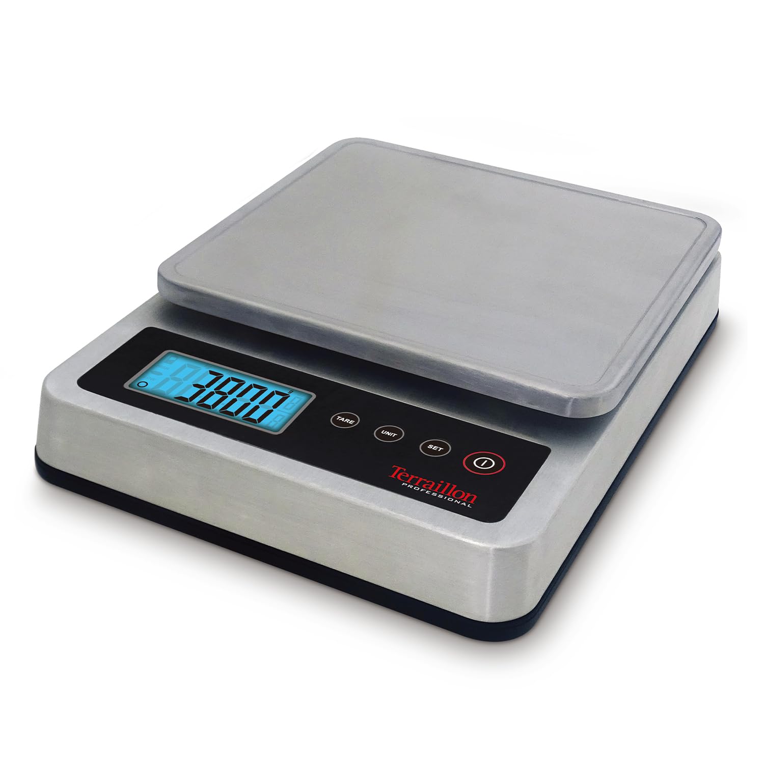 TERRAILLON PRO 10 - Báscula de cocina electrónica profesional, amplia bandeja extraíble de acero inoxidable, 29 x 18 cm, IP67, capacidad 10 kg, graduación 1 g, pantalla LED retroiluminada, acero