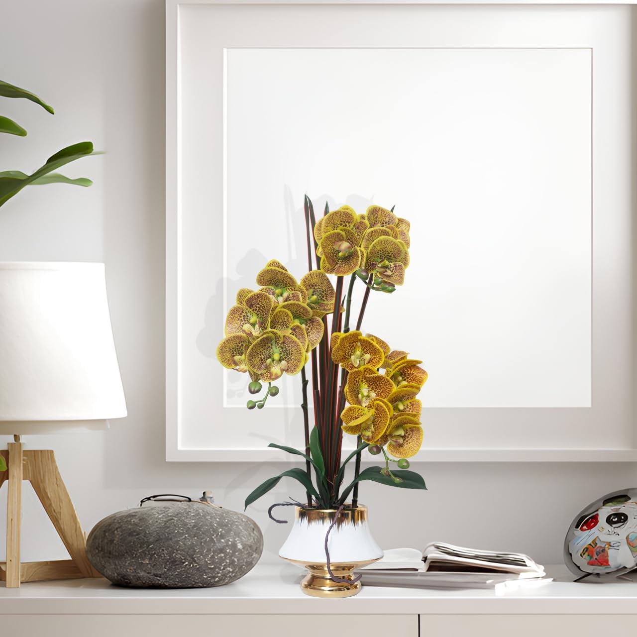 CXGS Orchids Artificial Flowers Real Touch Fake Flower in Ceramic Pot 20" Yellow Spots Faux Orchid Plant Lifelike Silk Phalaenopsis for Centerpiece Hotel Home Indoor Decor
