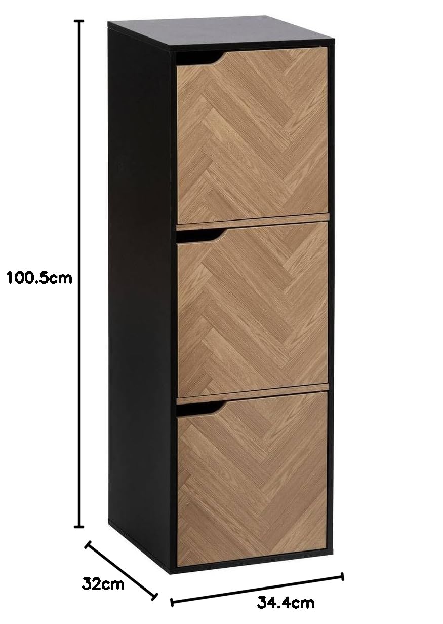 5five - Mueble de 3 estantes y 3 puertas con diseño Chevron - Efecto madera y negro - Forma cúbica - Almacenamiento práctico y práctico - Sala de estar, oficina, dormitorio