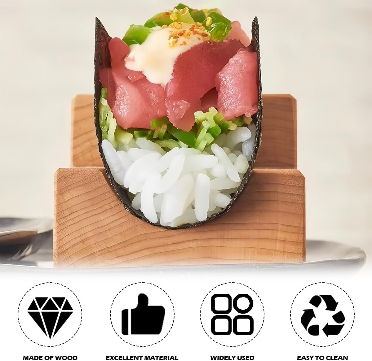 Wooden Sushi Roll Holder Japanese Taco Holder U Shaped Sashimi Plate Bamboo Serving Plate for Home Restauran Store, 3.5 * 3.7inch