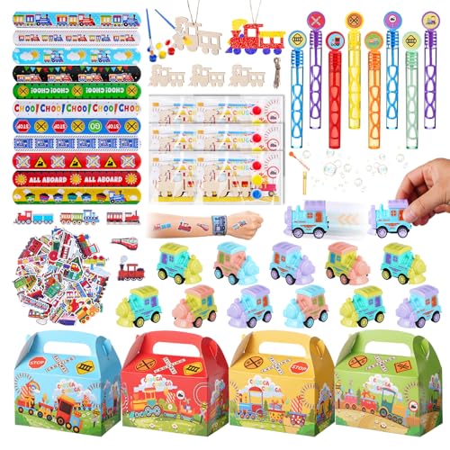 Vanblue 122Pcs Train Party Favors Birthday Themed Party Decoration Choo Choo Party Supplies Pull-back Vehicle Toys Gift for Boys Treat Gift Bags Stuffers Pinata Filler Classroom Rewards