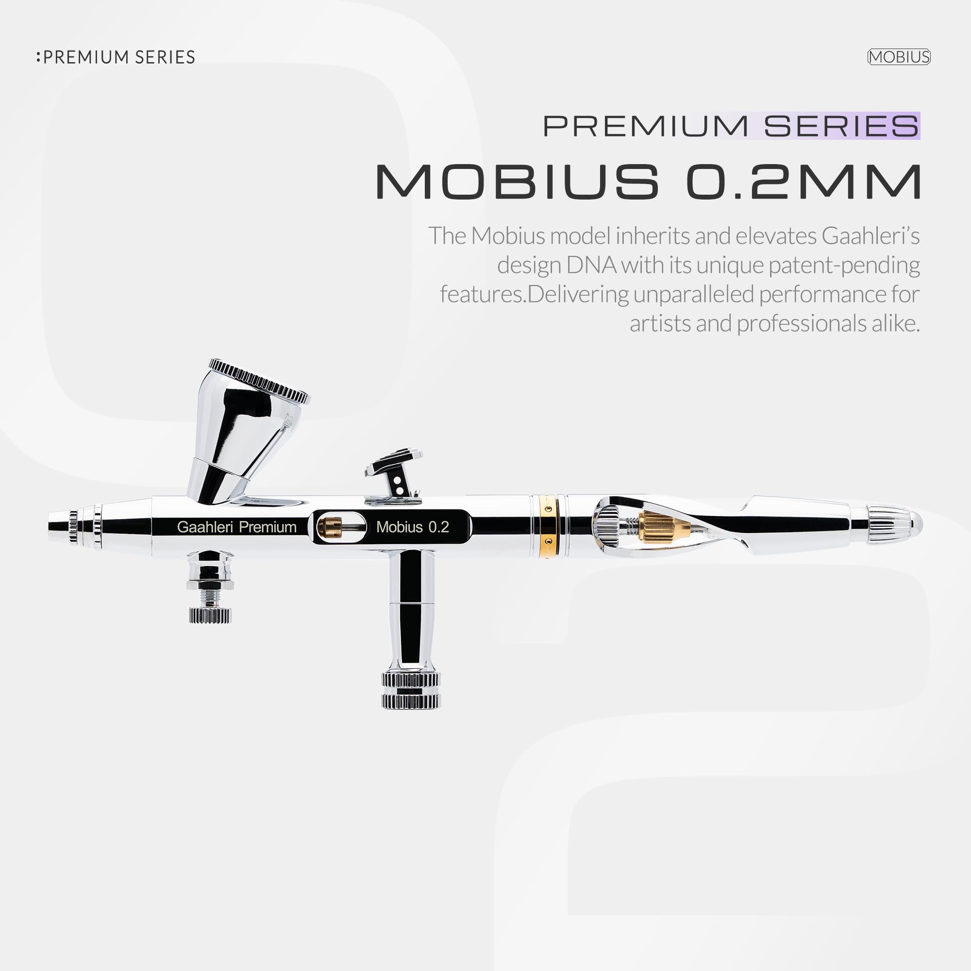 Gaahleri Aërograph Mobius 0,2mm Dysza MAC Cutaway | Dysza spiralna MAC, podgląd cutaway, regulacja napięcia, zbiornik lustrzany, kwadratowy dźwignia