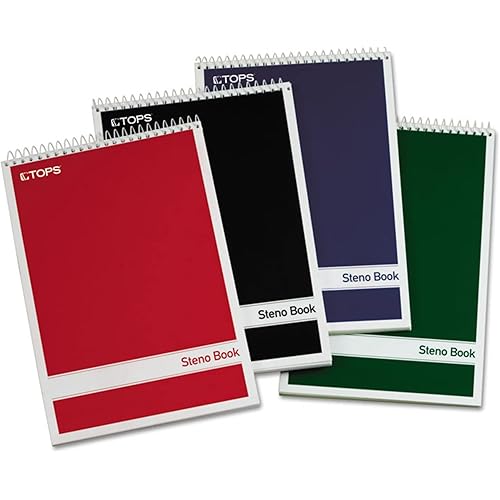 TOPS Spiral Steno Books, 6" x 9", Gregg Rule White Paper, Assorted Covers, 80 Sheets per Book/4 Books per Pack (80220)