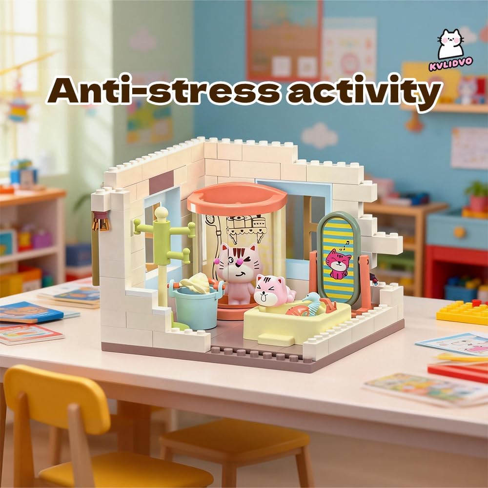 Koko's Cat Town DIY Miniature House Kit, Tiny White House Series Bathroom Building Kit, Dollhouse with 254PCS, Cat Toys Gift for Girls Boys Teens Kids Ages 3+