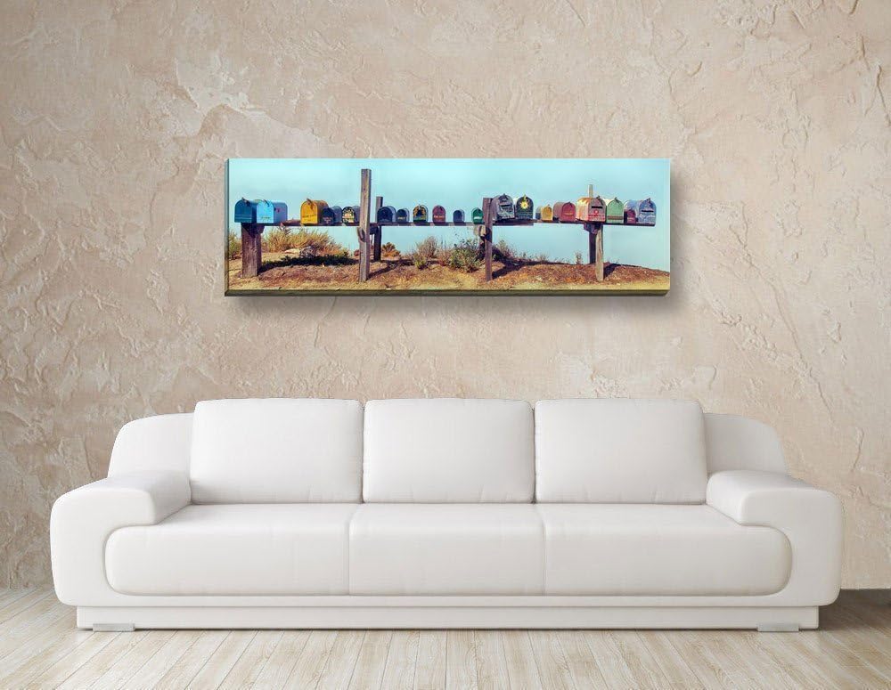 Bob Estrin Handmade 12 X 36 Inch Panoramic Canvas Gallery Wrapped Wall Art Decor Photograph of a Large Group of Colorful Mailboxes in a Row on Wooden Post.