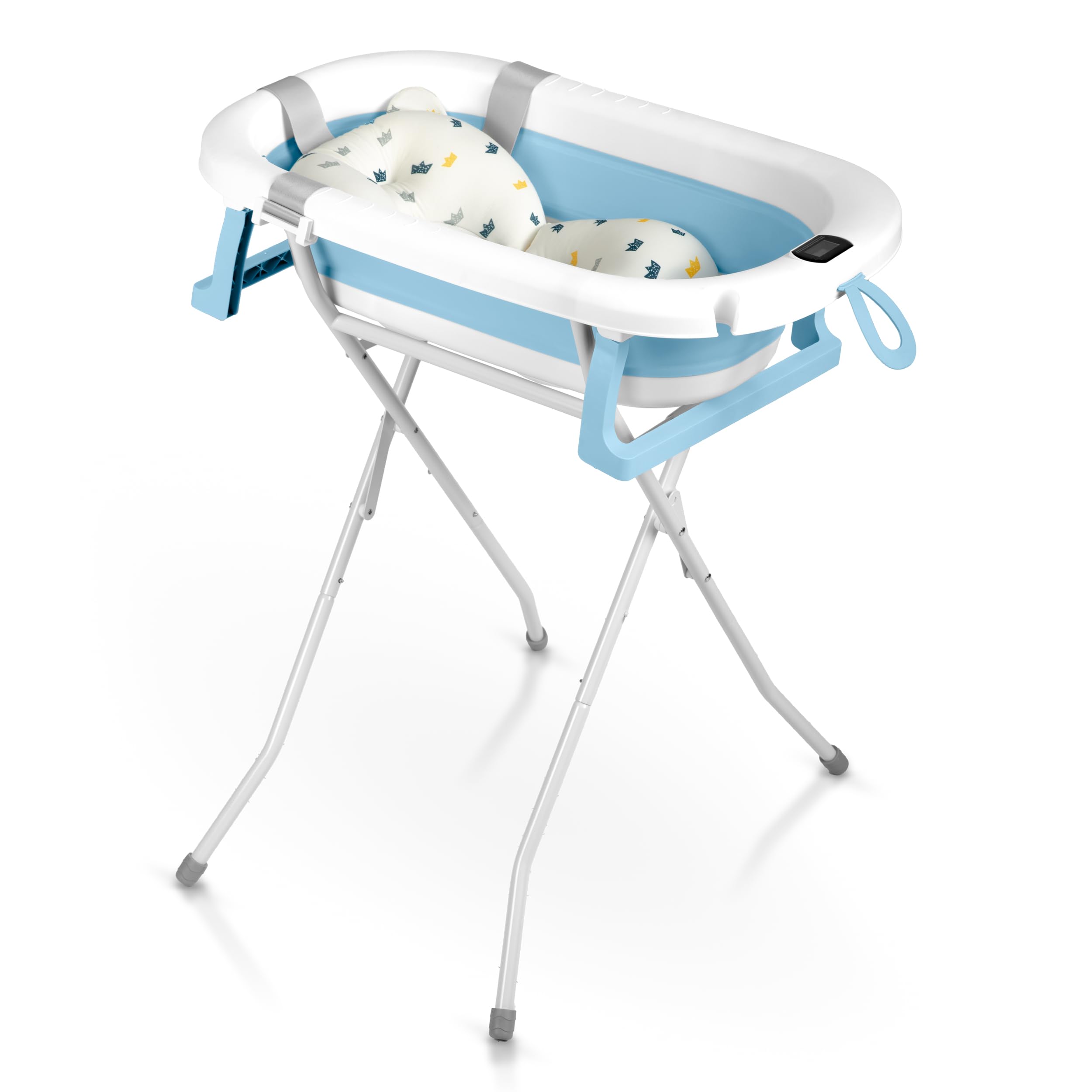 Ricokids Baby Badewanne Babywanne mit Gestell Thermometer und Badekissen - Faltbar Leicht Rutschfest - Weiß Blau
