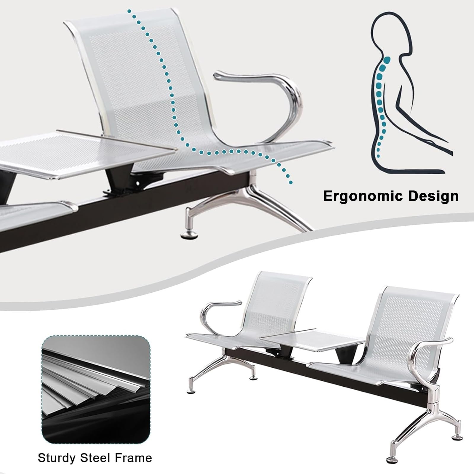 Sillas para sala de espera de piel sintética negra con mesa de café, banco de oficina de 2 asientos, cómodo asiento de invitados con brazos para oficina, gimnasio, recepción de aeropuerto, diseño
