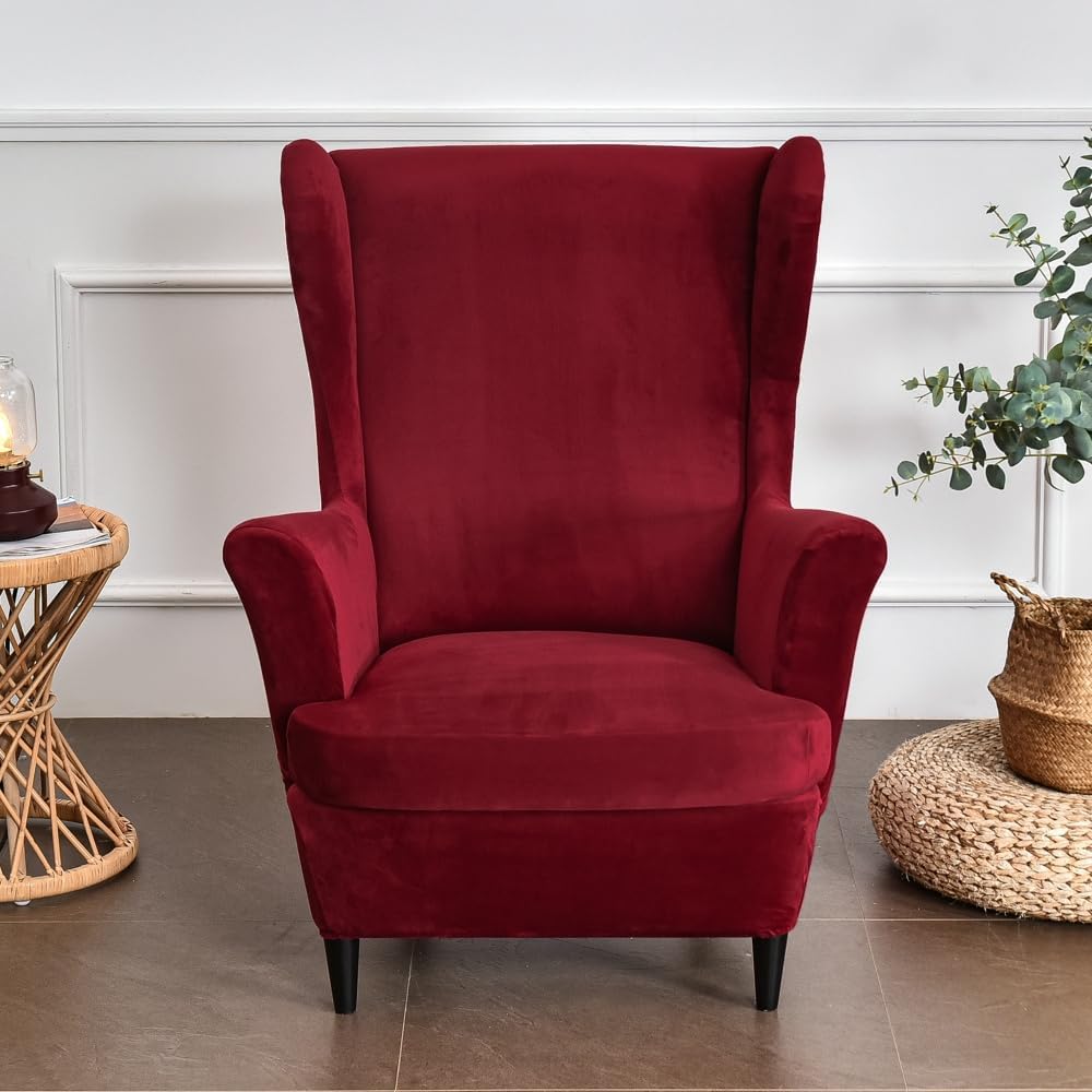 Wingback Chair Covers 2 Piece, Velvet Wing Chair Slipcover Stretch Slipcovers for Wing Chair Armchair Cover with Elastic Bottom, Furniture Protector for Living Room Bedroom (Burgundy red)