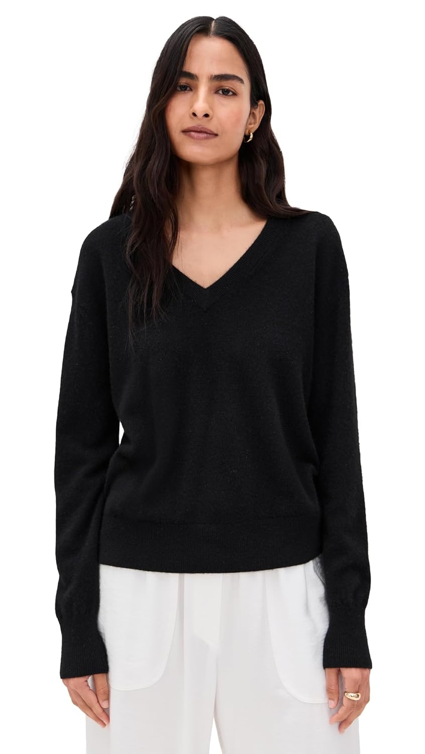 White Warren Womens Cashmere V Neck Pullover Black M