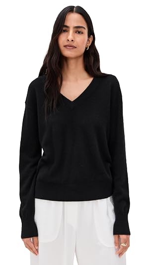 White Warren Womens Cashmere V Neck Pullover Black M