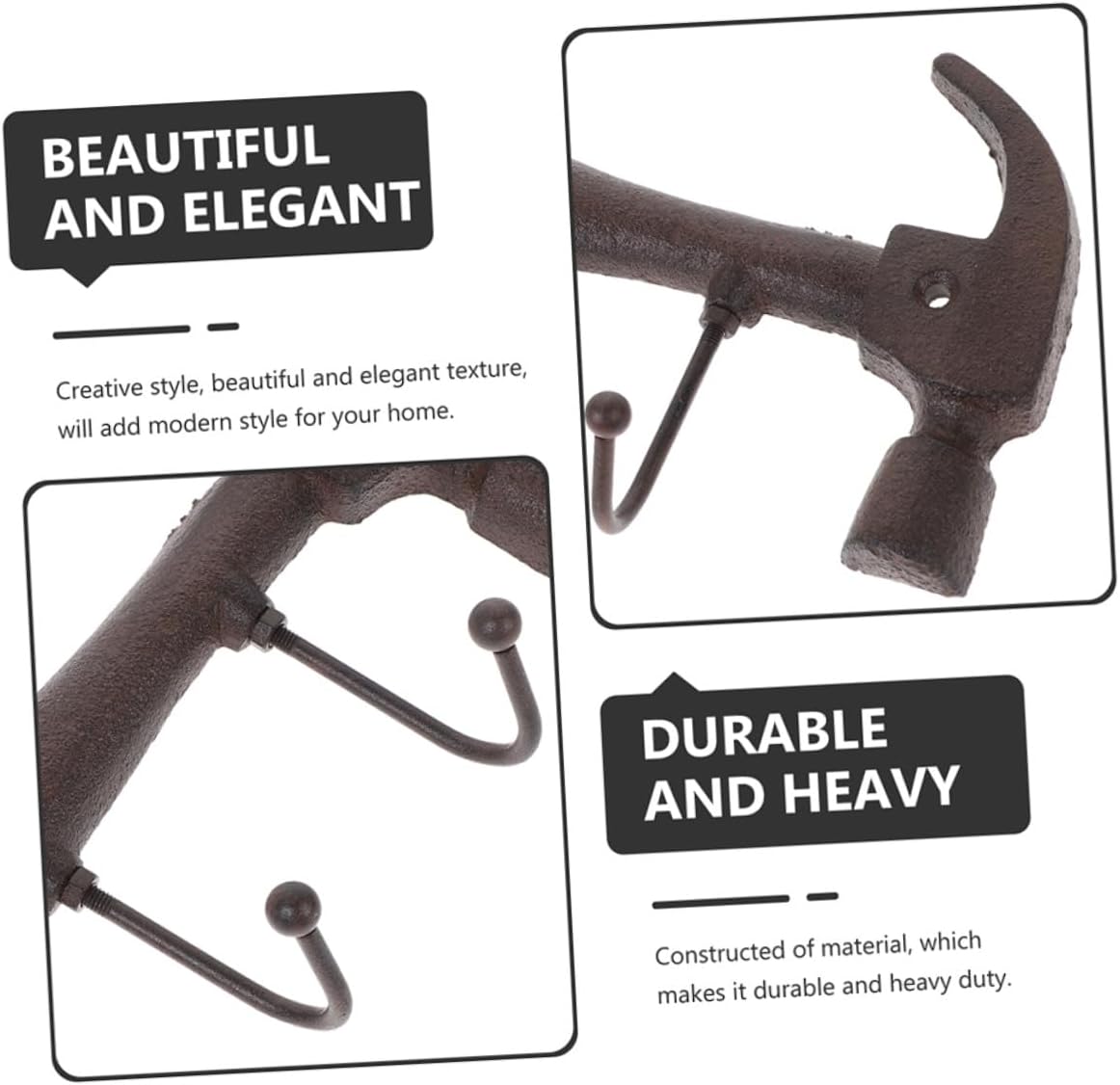 Mikikit Vintage Hammer Shape Metal Wall Hooks, 2pcs Cast Iron Coat and Hat Rack with Screws, Retro Home Wall Hanger for Entryway, Closet, and Bathroom Organization
