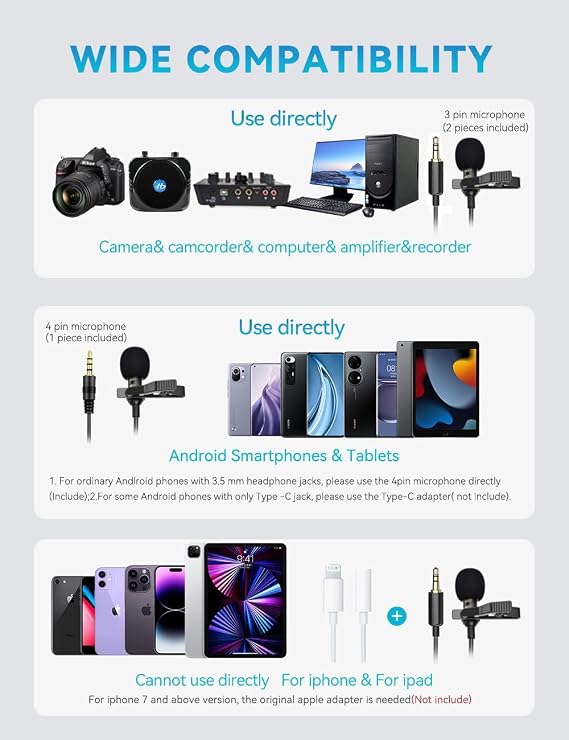 Lavalier Clip on Microphone, Portable Lav Mic for Android Smartphone Camera Podcast Laptop, Hands Free Recording Mic for YouTube,Interview,Video (3 Packs)