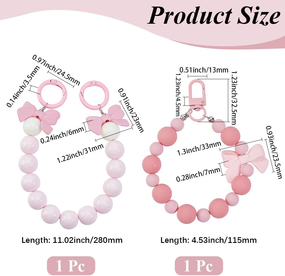 Beebeecraft 1 Box 2Pcs Pink Beaded Wristlet Keychain Acrylic Bow Keychain Silicone Purse Charm Cute Sweet for Car Keys Bag Cell Phone Earphone Case Purse Backpack