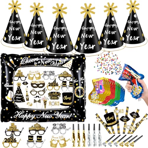 iZoeL Decoración De Nochevieja 2026 Set Fiesta Gorros Fiesta De Año Nuevo Nochevieja 2026 Accesorios Fotos Cañón Confeti Pajitas Fiestas Celebración Matracas Fiestas Negro Oro Decoración