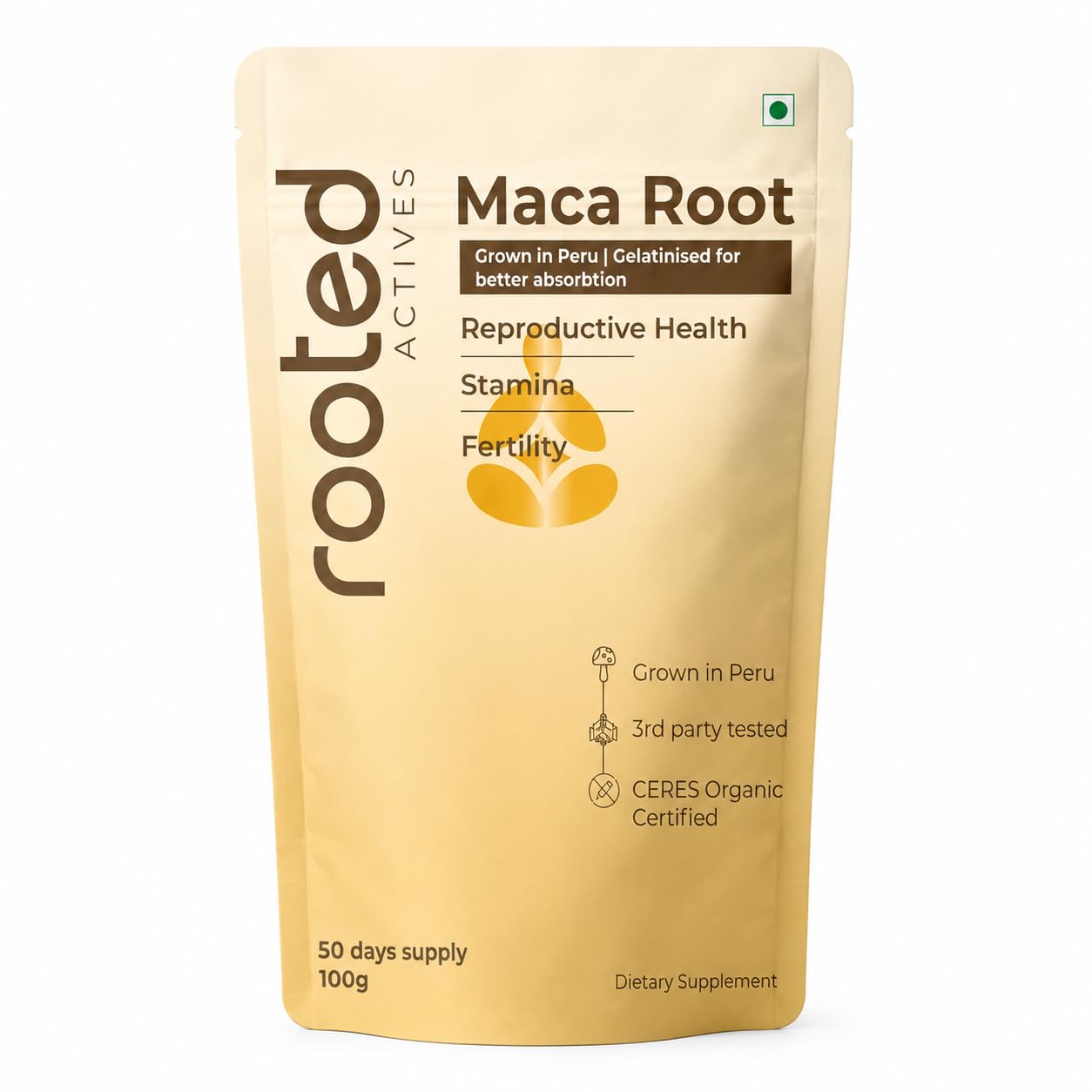 Rooted Active's Organic Maca Root Powder - Peruvian Superfood, Gelatinized for Easy Digestion, Traditionally Used for Energy and Hormone Balance, Certified Organic, 100 Grams