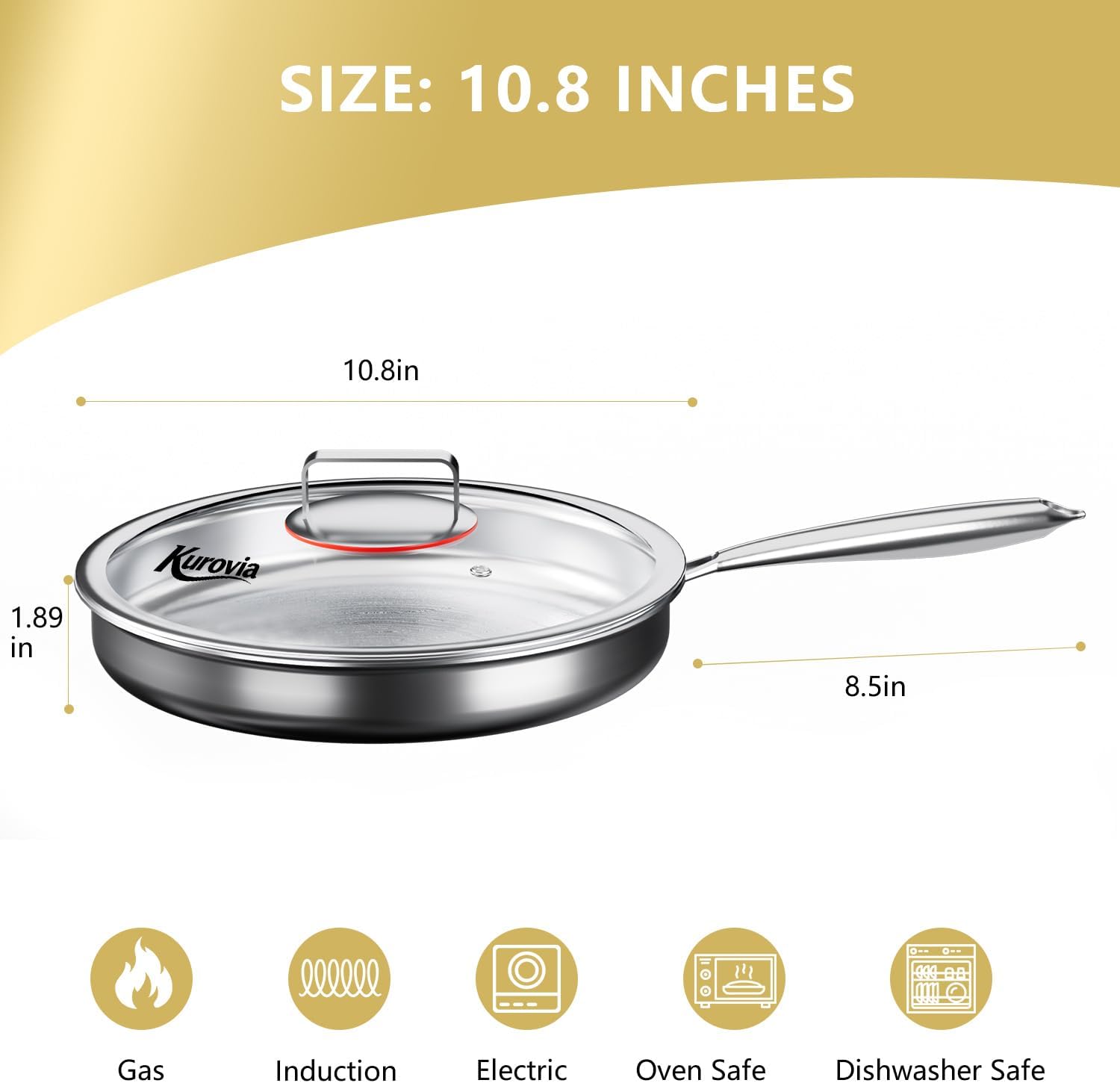 Tri-Ply Stainless Steel Frying Pan, Compatible with All Cooktops Up to 600℉, Large Frying Pan with lids, Induction-Ready Skillet, Dishwasher and Oven Safe, Even Heat (10.8 Inch)