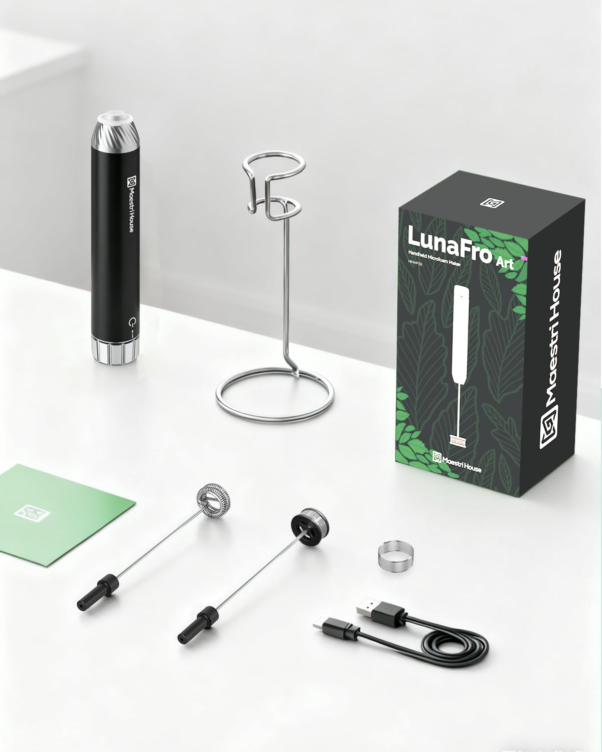 Maestri House Mousseur à lait de qualité barista, Mousseur Lait Rechargeable avec Contrôle de Vitesse Continu, Étanche IPX6, pour la Micro-Mousse et le Latte Art (Latte, Flat White)