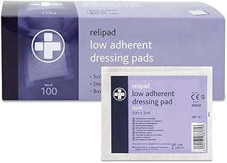 Reliance Medical RELIPAD First Aid Sterile Dressing, 5 cm W x 5 cm L | Pack of 100 Reliance Medical Low-Adherent, Absorbent Dressing Pads For For Minor Abrasions, Lacerations And Wounds