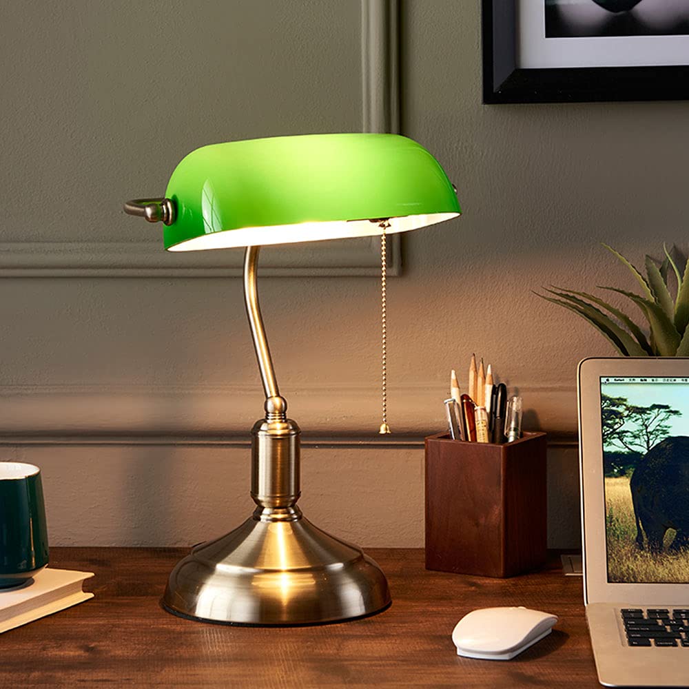WRMING Oranje bankierslamp vintage glazen bureaulamp met trekschakelaar gepolijst messing basis bureaulamp retro tafellamp voor bibliotheeklamp leeslamp instelbaar glazen kap 1 lamp E27